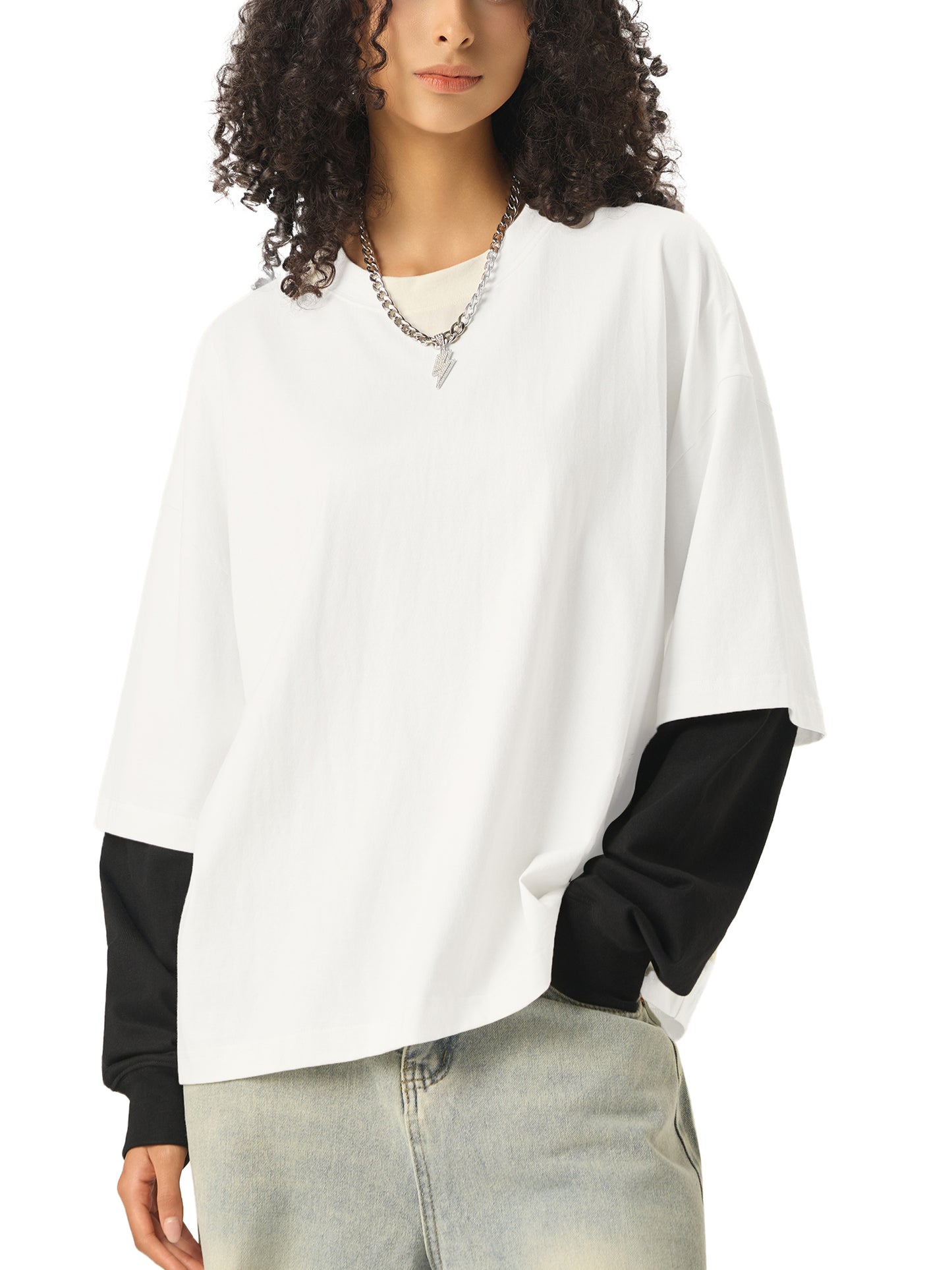 Layered Contrast Sleeve Cotton T-Shirt