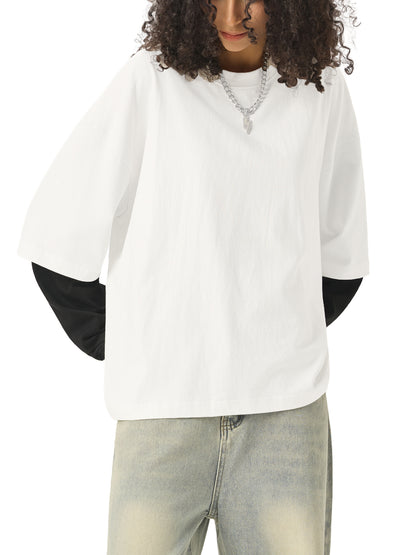 Layered Contrast Sleeve Cotton T-Shirt